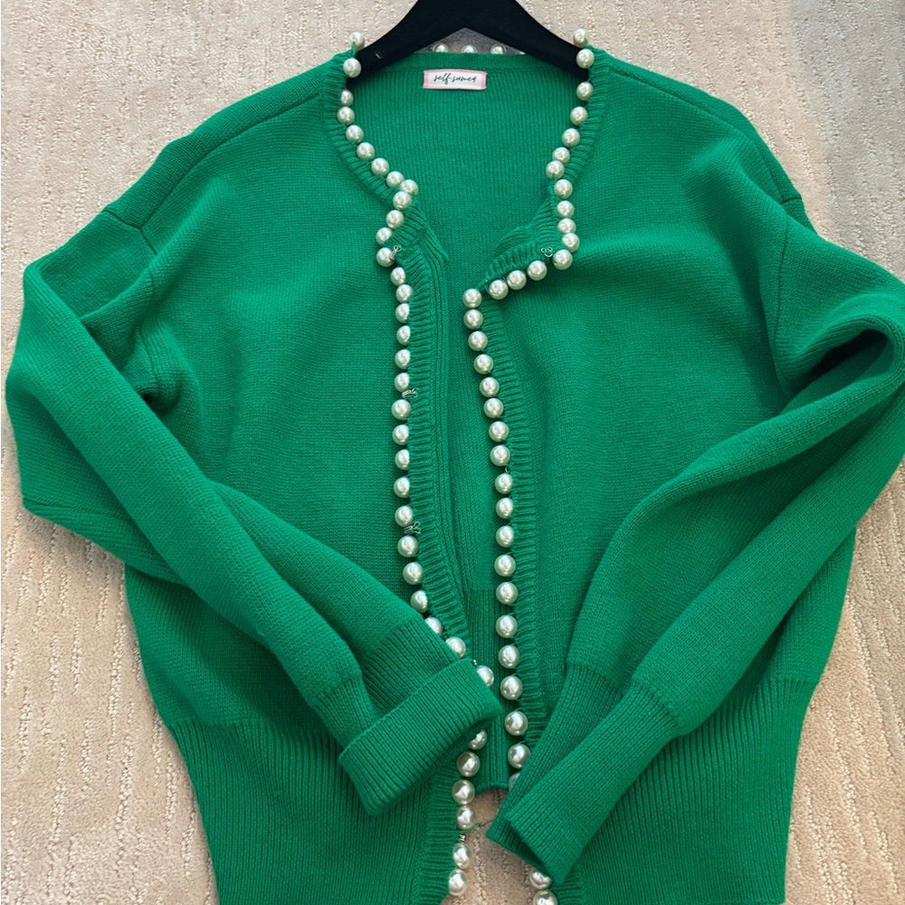 Green Cardigan Sweater with Pearl Accents - Picture 7 of 7